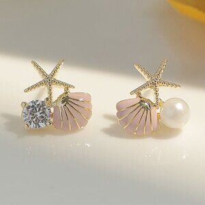 18K Yellow Gold Plated Starfish Pink Clam Pearl Zircon Stud Earrings Gorgeous